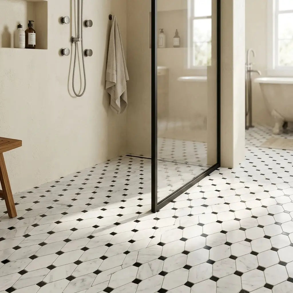 Carrara White Octave mosaic marble tile polished with white marble effect hexagonal shapes and black diamond accents