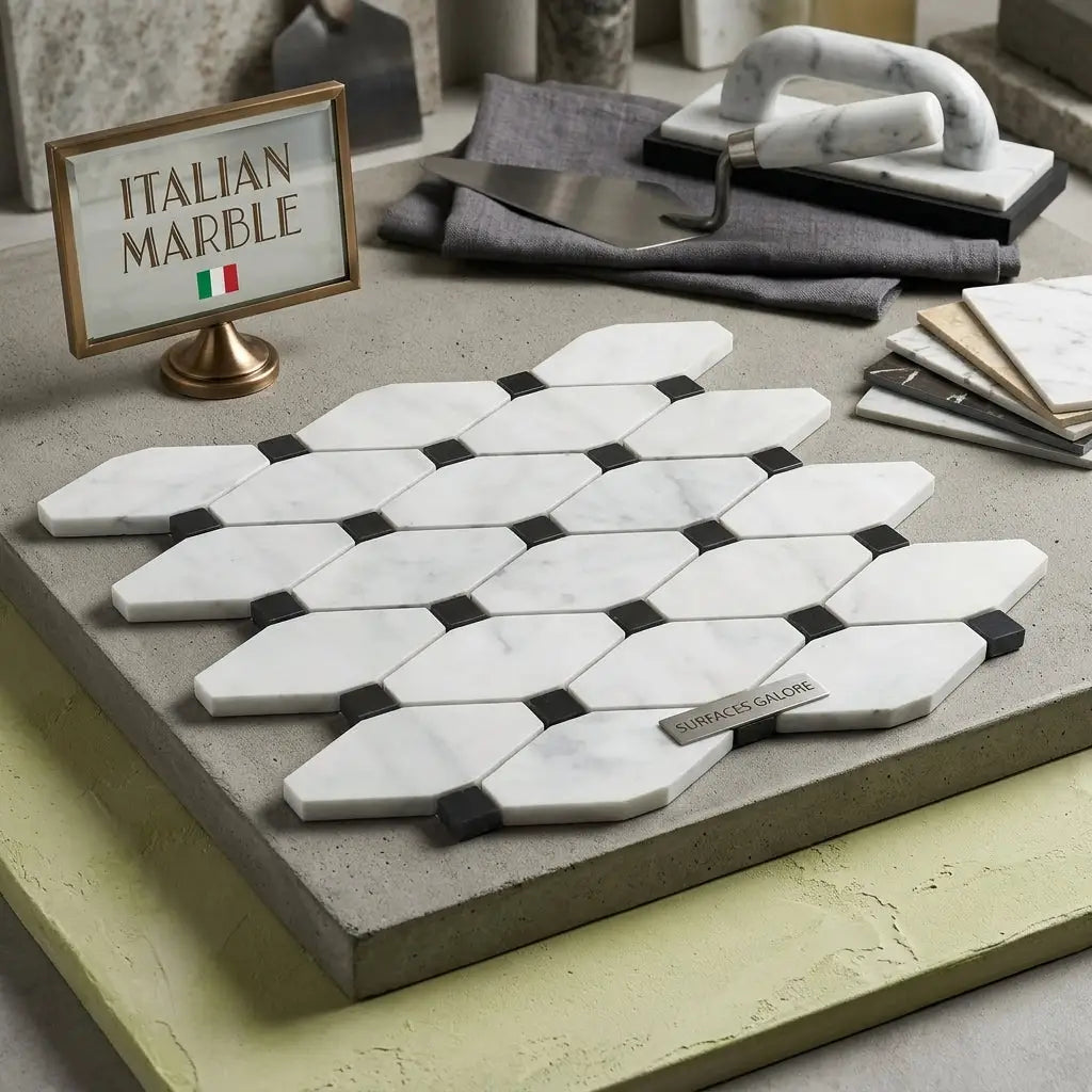 Carrara white octave long octagon polished marble tiles with black grout in a geometric mosaic pattern