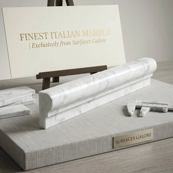 A sleek white italian marble baseboard with elegant gray veining and polished finish from carrara white og-1 chair rail trim