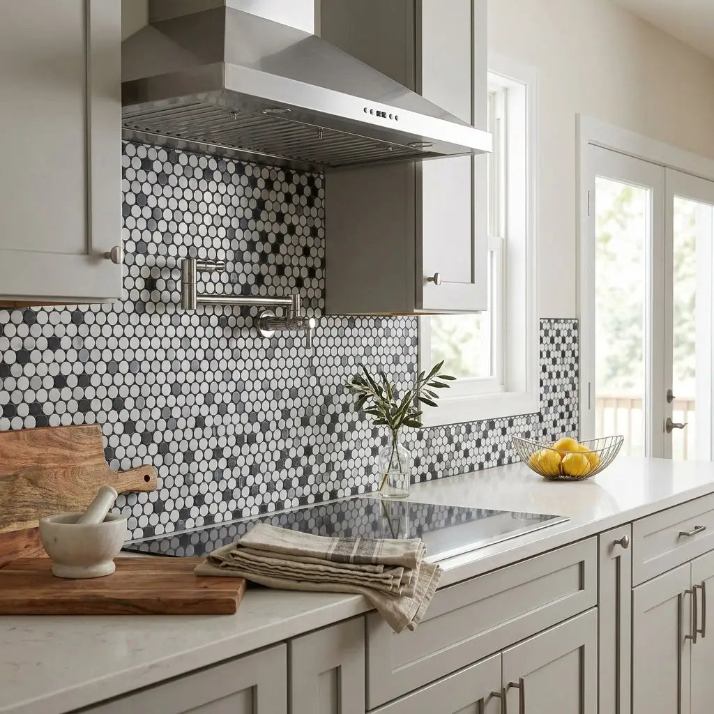 Stainless steel range hood with sleek modern design and carrara white penny-round mosaic marble tile backsplash