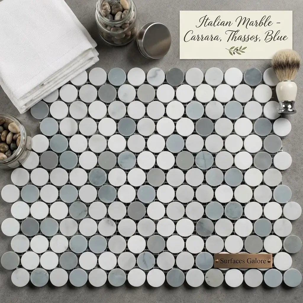 Carrara white penny-round mosaic marble tile with polished or honed finish featuring blue veining and gray white tones