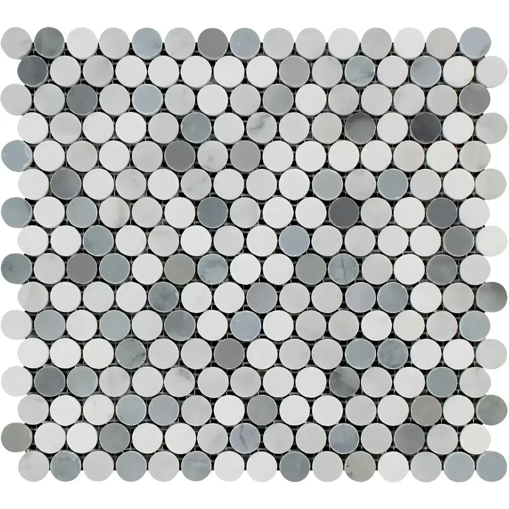 Mosaic tile sheet featuring gray and white circles in Carrara White Penny-Round design
