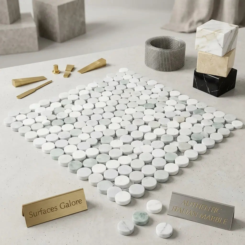 Carrara white penny-round mosaic marble tile polished or honed with white circular tiles and subtle gray veining
