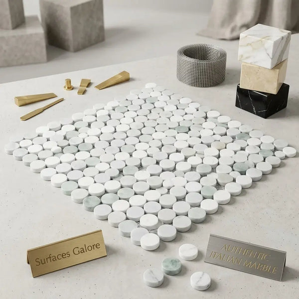 Carrara white penny-round mosaic marble tile polished or honed with white circular tiles and subtle gray veining