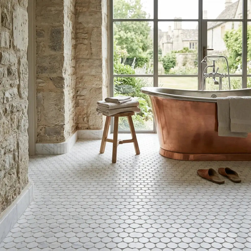Copper freestanding bathtub with polished reflective surface and classic rounded edges on carrara white penny-round mosaic marble tile