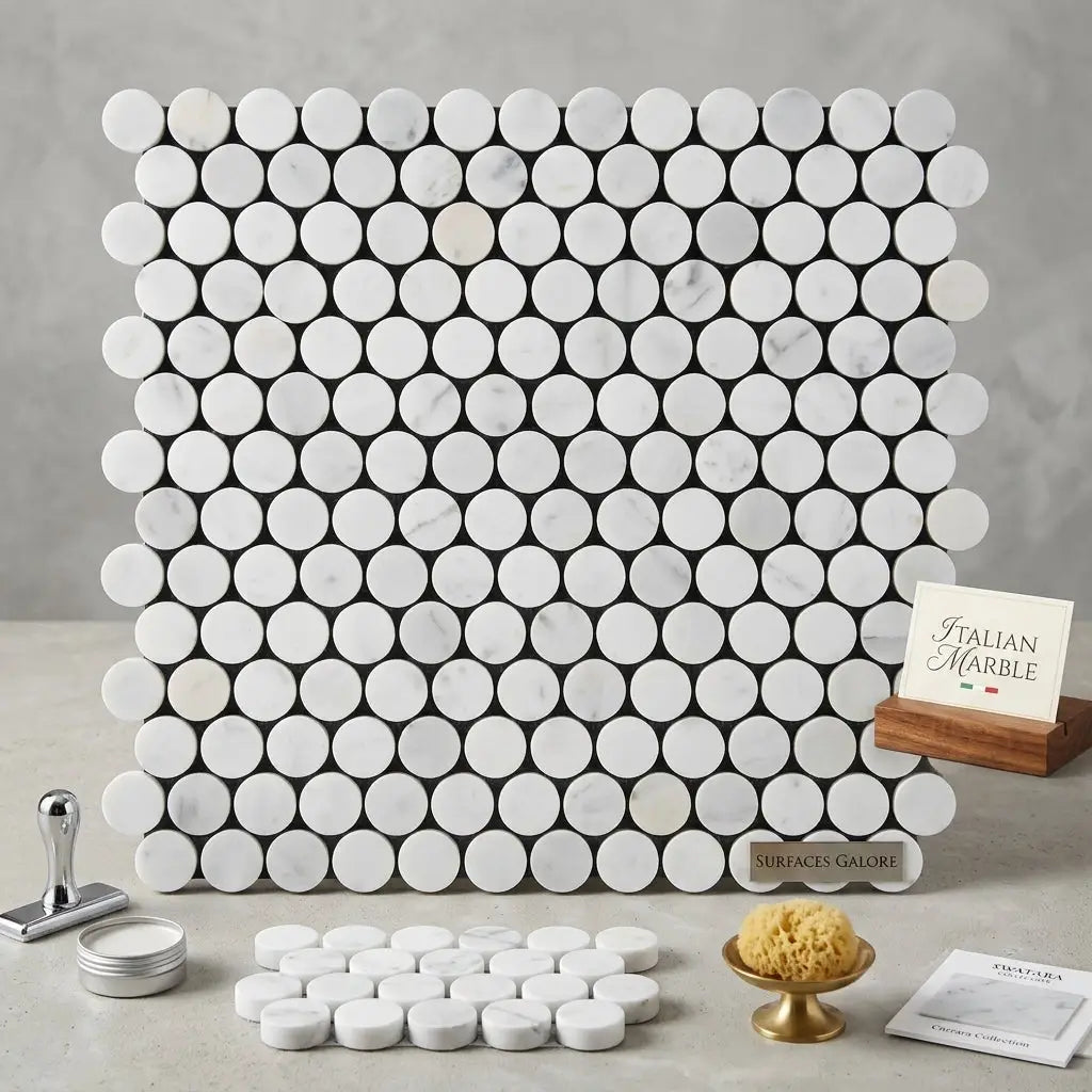 Carrara white penny-round mosaic marble tile polished with subtle gray veining in white circular design