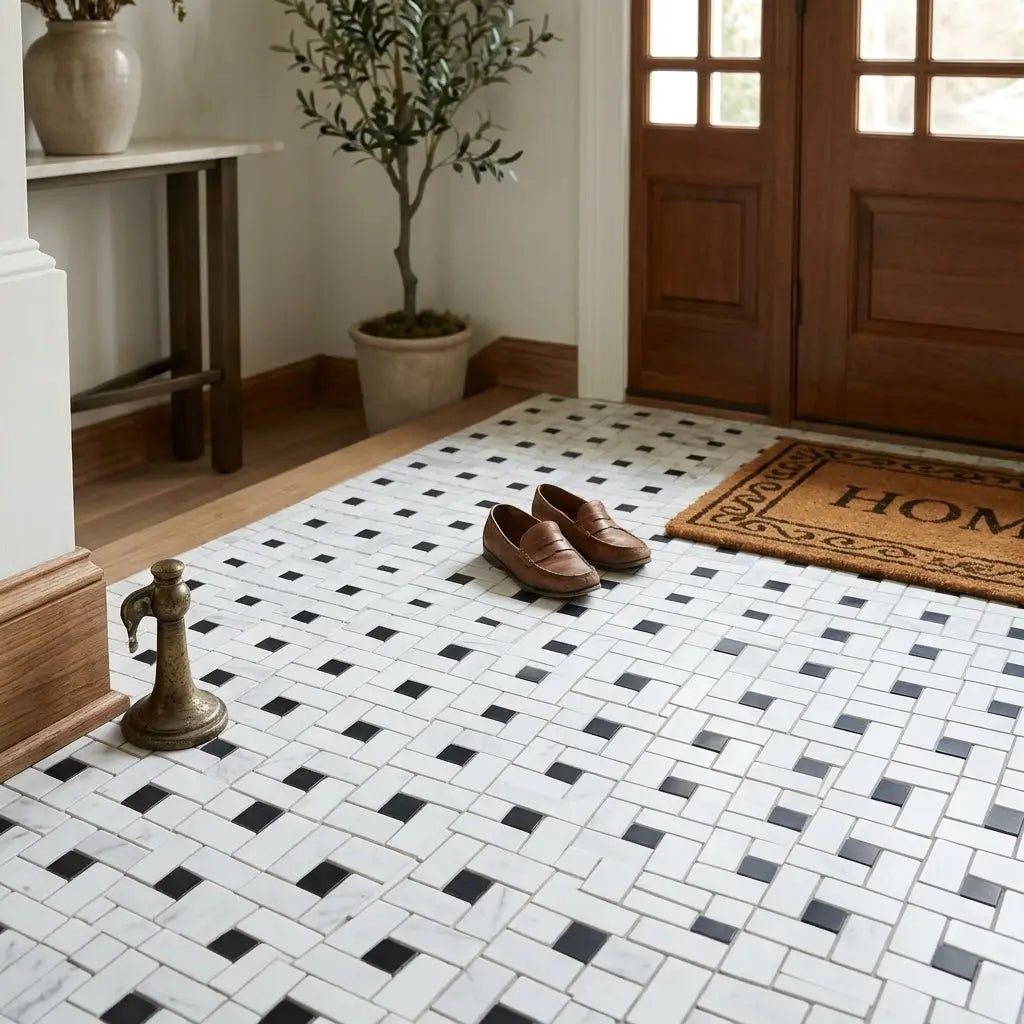 Brown leather loafers with classic slip-on design displayed on carrara white pinwheel mosaic black polished tile