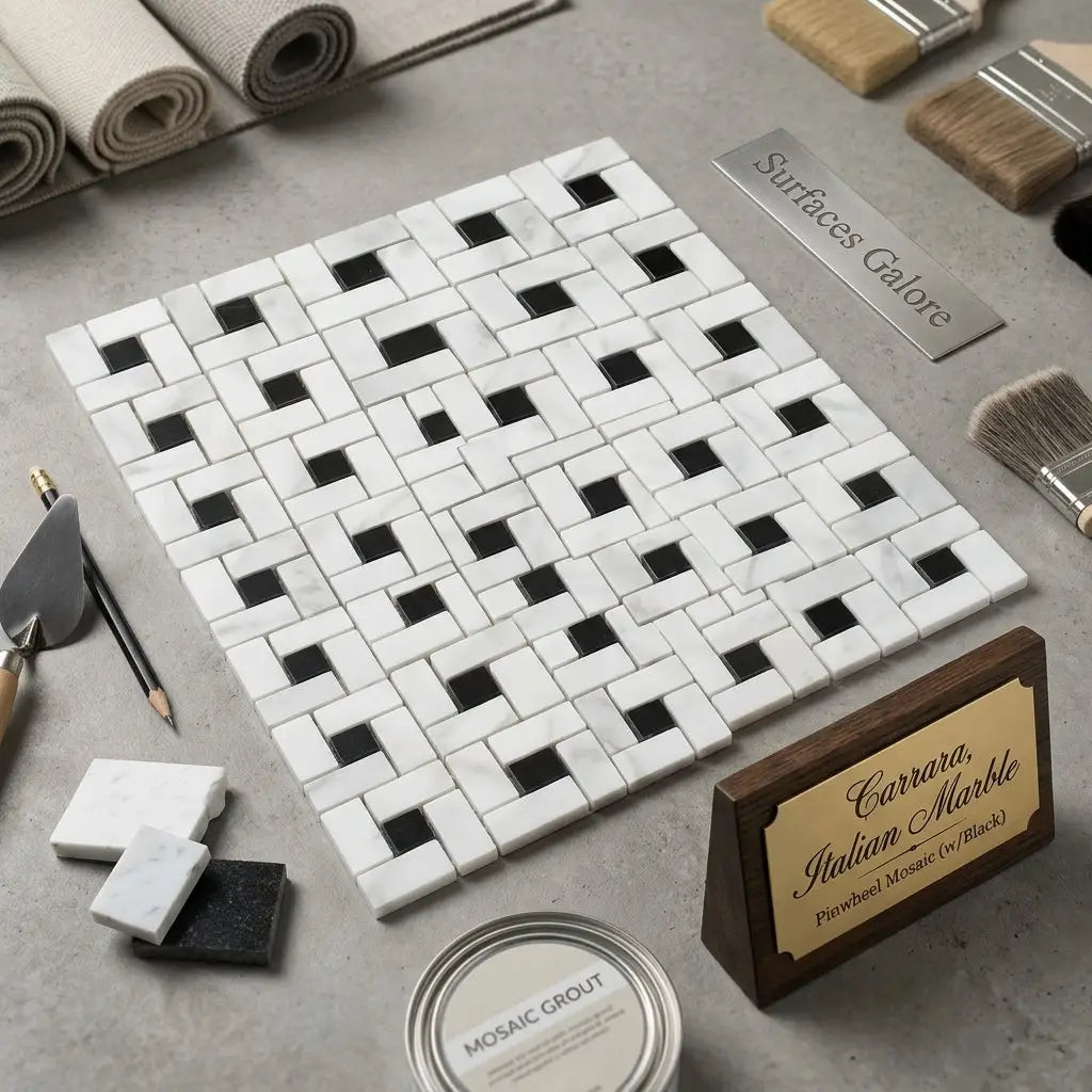 Carrara white pinwheel mosaic marble tile with polished white carrara marble and black square weave pattern