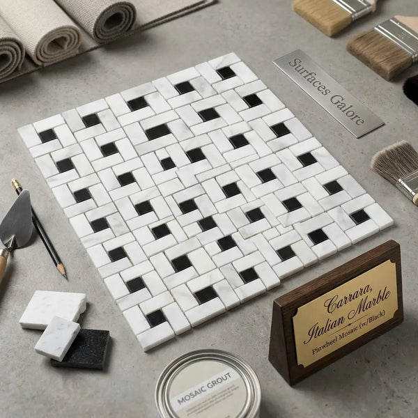 Carrara white pinwheel mosaic marble tile with polished white carrara marble and black square weave pattern