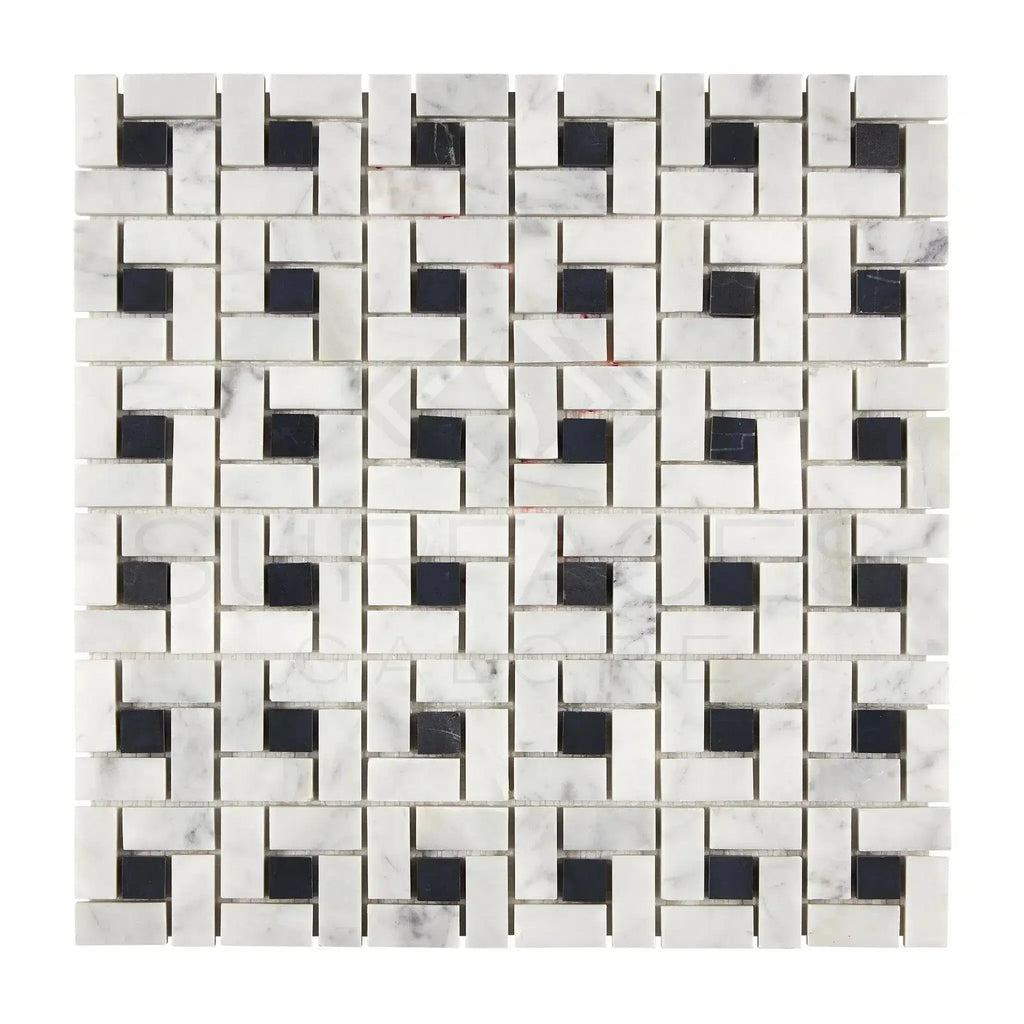 Carrara White Pinwheel Black Mosaic Marble | Surfaces Galore ...