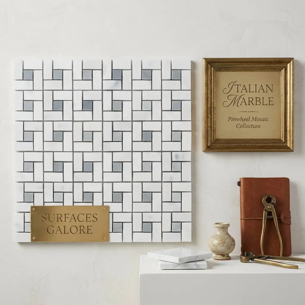 Carrara white pinwheel mosaic tile set with blue gray polished or honed marble in white and gray tones