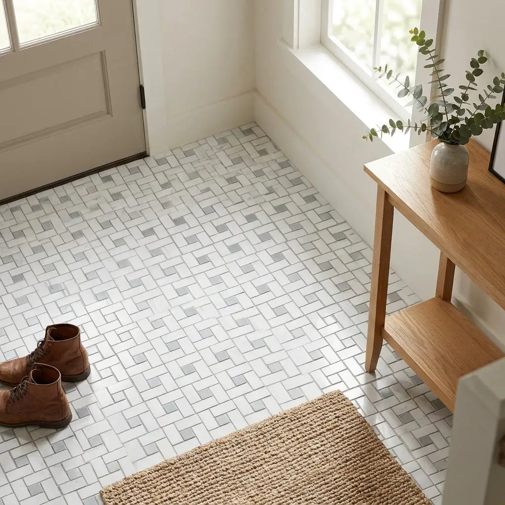 Carrara white pinwheel mosaic polished marble tile featuring white and gray herringbone pattern with blue-gray accents