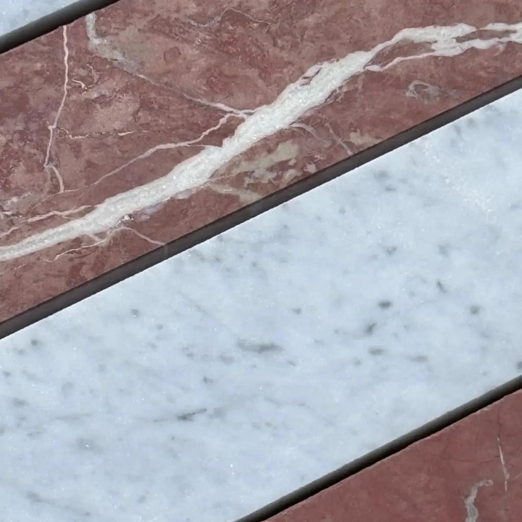 Marble tile pattern of Carrara White Rojo Alicante 3x12 field tile for elegant decor