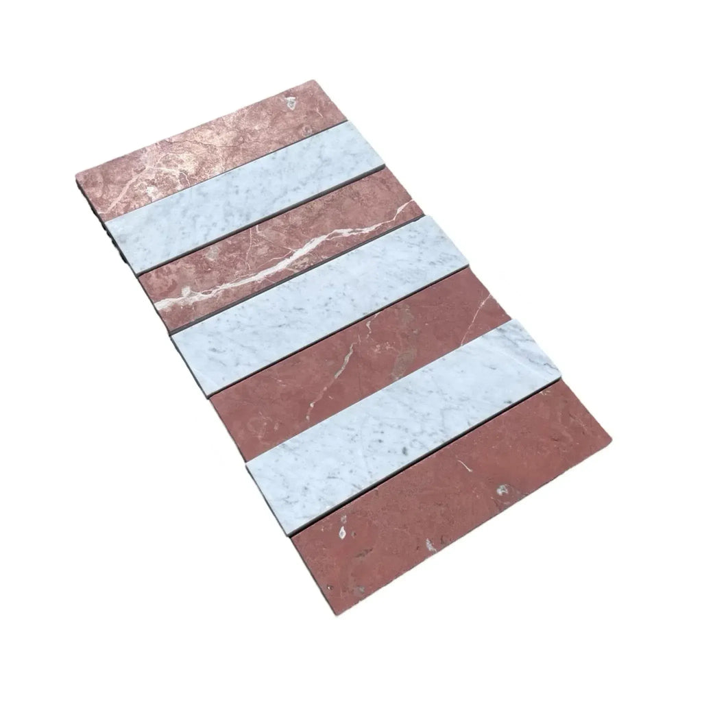 Alternating red and gray marble tiles in Carrara White | Rojo Alicante field tile design