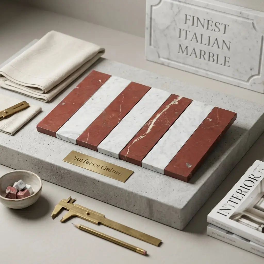 Carrara white and rojo alicante red and white striped marble slabs arranged in alternating bands for tile use
