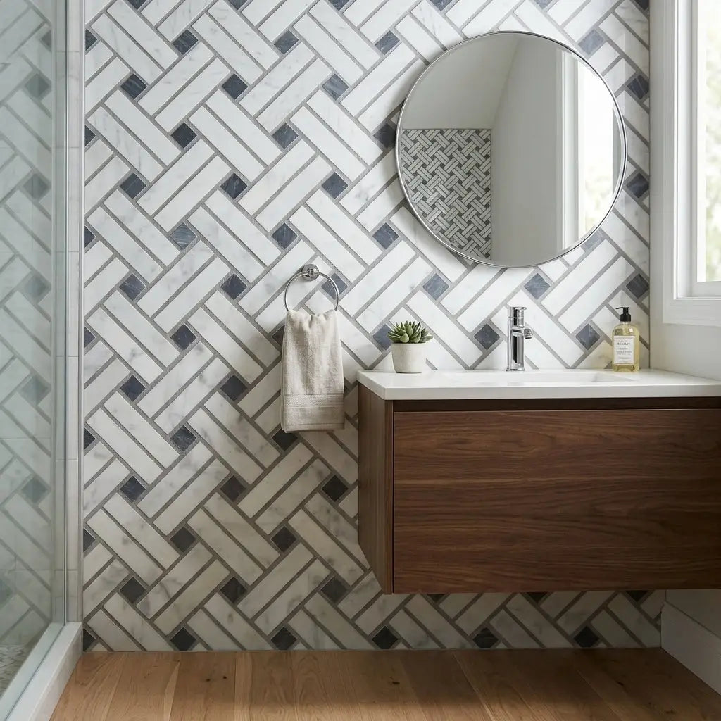 Modern round mirror with sleek silver frame paired with carrara white stanza black blue-gray mosaic marble tile polished or honed
