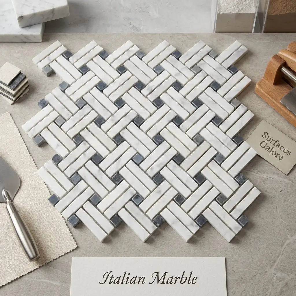 Carrara white stanza polished mosaic marble tile in white gray and blue gray arranged in a herringbone pattern