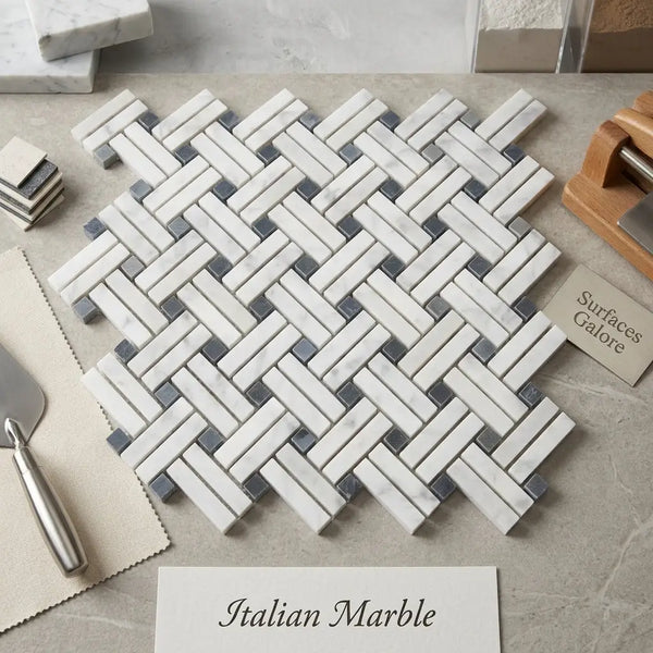 Carrara white stanza polished mosaic marble tile in white gray and blue gray arranged in a herringbone pattern