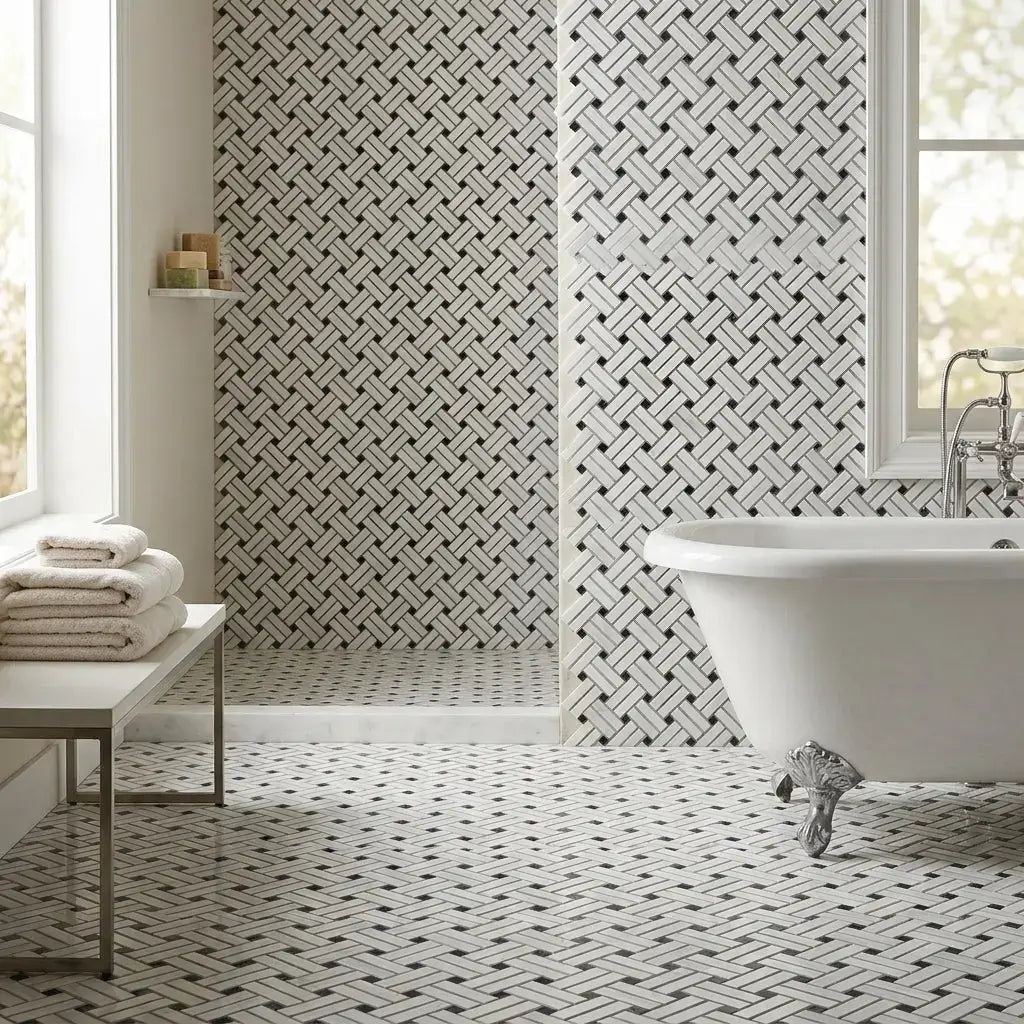 White clawfoot bathtub with ornate silver feet next to polished carrara white stanza black mosaic marble tile