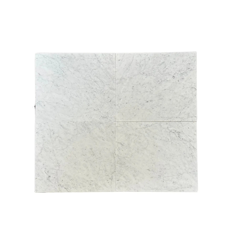 Carrara White Stanza Mosaic Marble Tile in polished and honed white marble arrangement