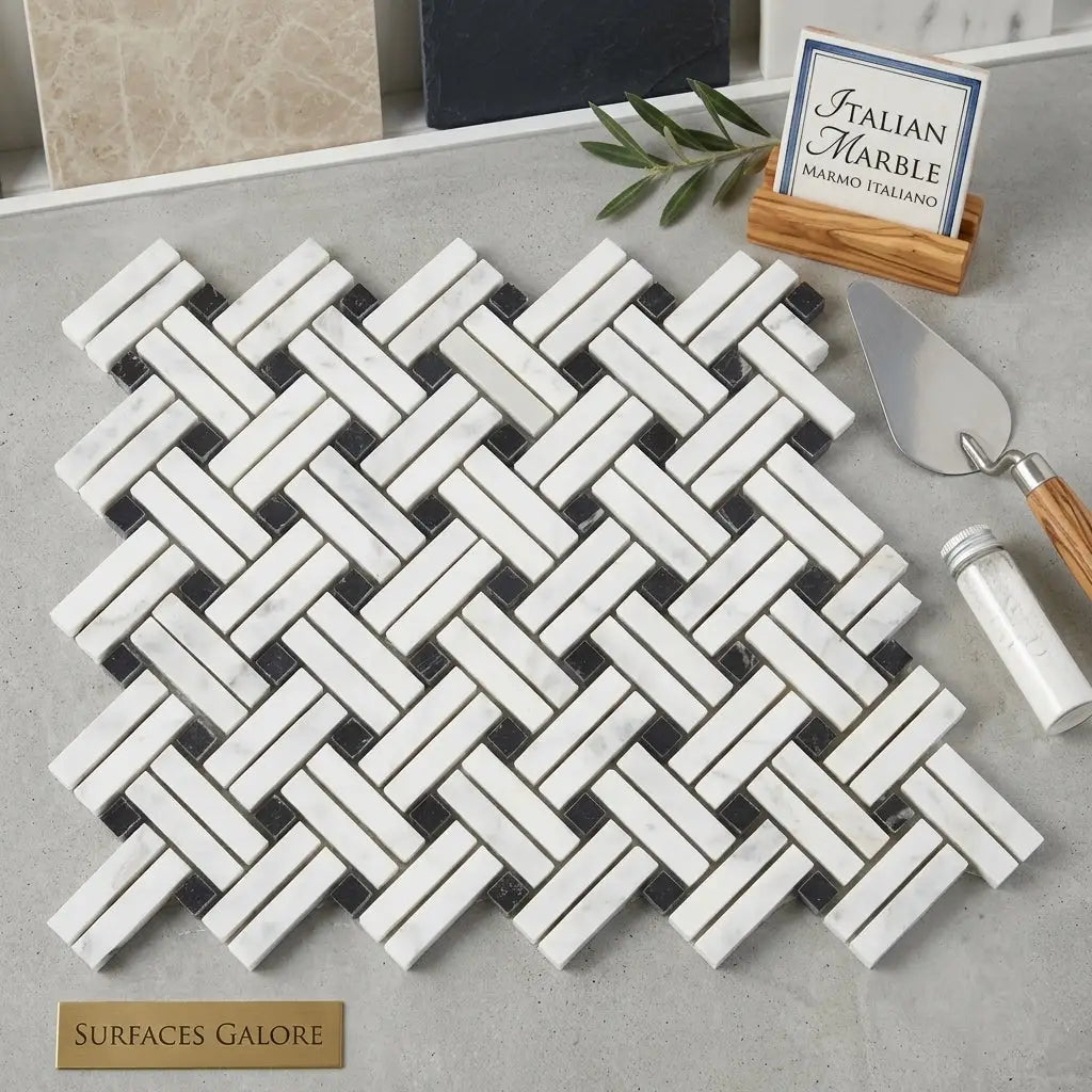 Carrara white stanza black mosaic marble tile polished or honed with white and black marble herringbone pattern