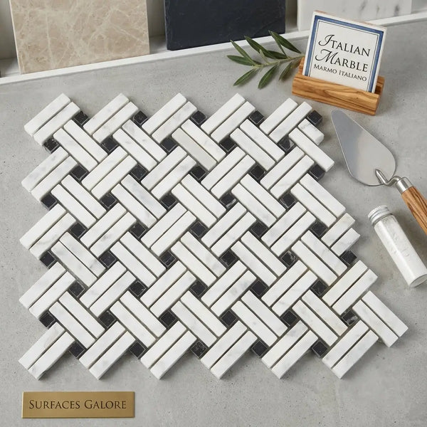 Carrara white stanza black mosaic marble tile polished or honed with white and black marble herringbone pattern