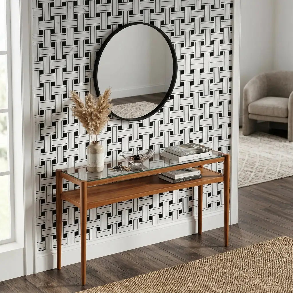 A sleek, minimalist console table with a glass top and warm-toned wooden legs featuring carrara white triple-weave black mosaic marble tile