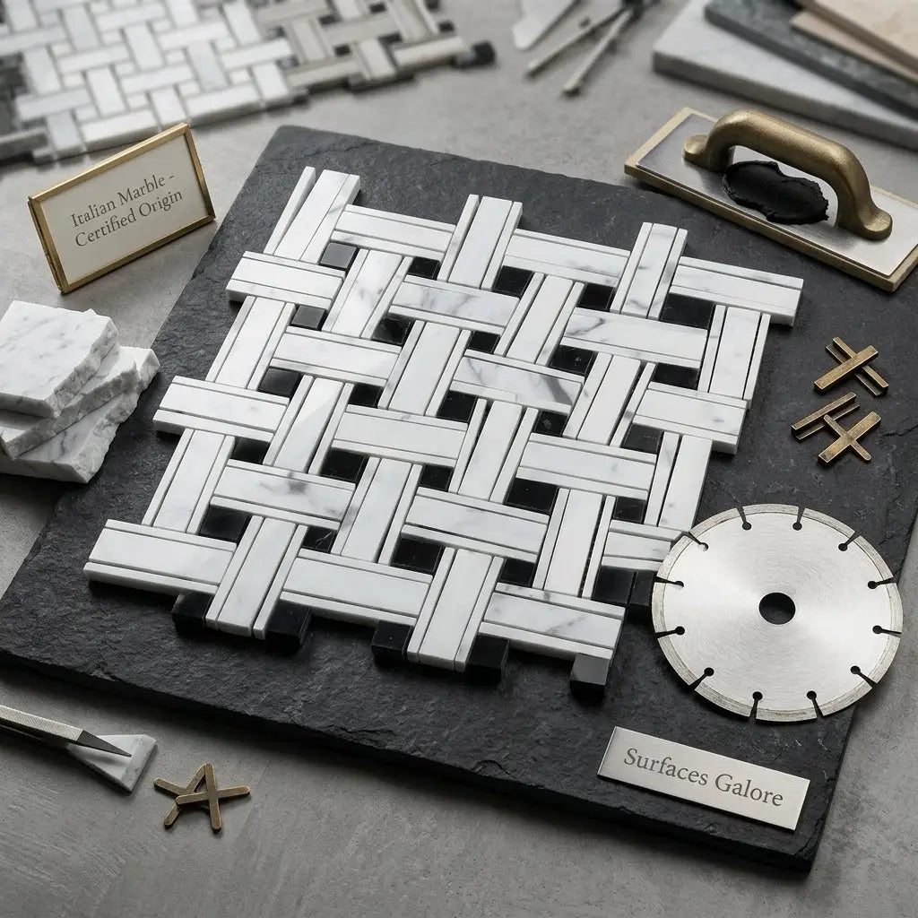 Carrara white triple-weave mosaic marble tile polished with black arranged in woven pattern on dark slate board
