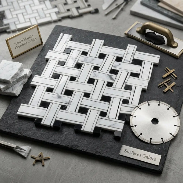 Carrara white triple-weave mosaic marble tile polished with black arranged in woven pattern on dark slate board