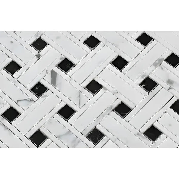 Woven marble and black tile pattern in Carrara White Triple-Weave Mosaic Marble Tile