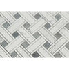 Herringbone pattern of Carrara White Triple-Weave Mosaic Marble Tile in polished finish