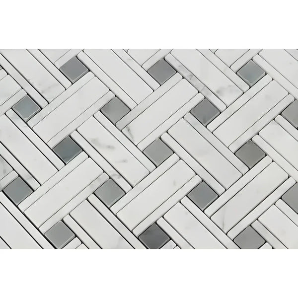 Herringbone pattern of Carrara White Triple-Weave Mosaic Marble Tile in polished finish