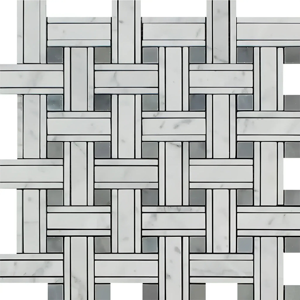 Woven Carrara White Triple-Weave Mosaic Marble Tile with Blue-Gray accents