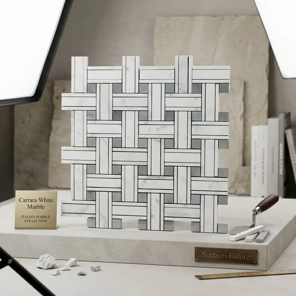 Carrara white triple-weave mosaic marble tile with woven basketweave pattern and subtle gray veining polished or honed