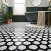 Carrara white vortex 2 inch hexagon black mosaic marble tile polished or honed with black and white hexagonal pattern