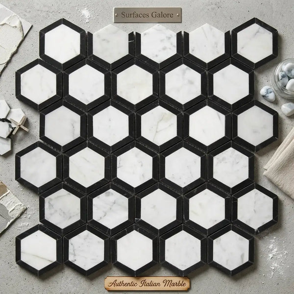 Carrara White Vortex 2 inch hexagon black and white polished marble mosaic tile with sleek modern design