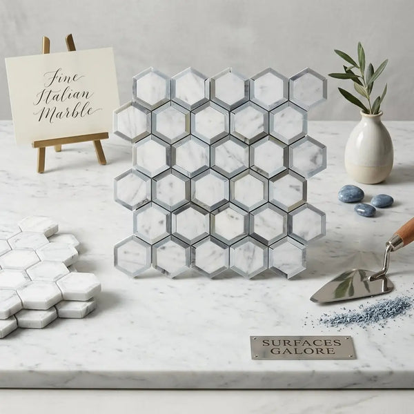 Carrara white vortex 2 inch hexagon polished marble mosaic tile with white hexagonal pattern and subtle gray veining