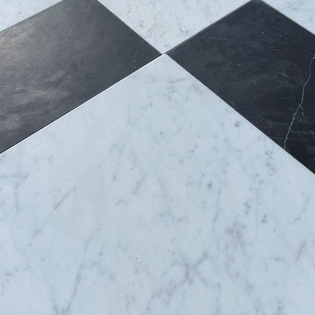 Black and white checkered marble floor featuring Castello in Nero Marquina and Carrara White
