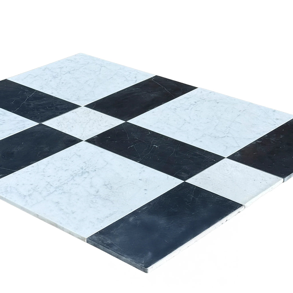 Black and white checkered tile pattern of Castello in Nero Marquina and Carrara White