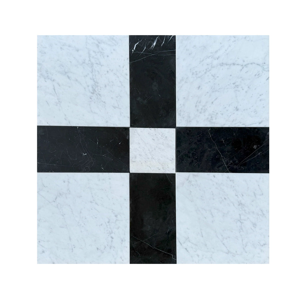 Black and white marble tile pattern of Castello in Nero Marquina and Carrara White