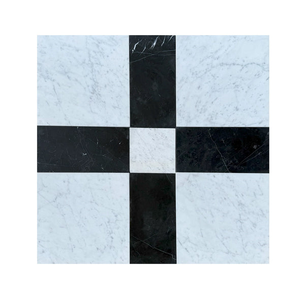 Black and white marble tile pattern of Castello in Nero Marquina and Carrara White