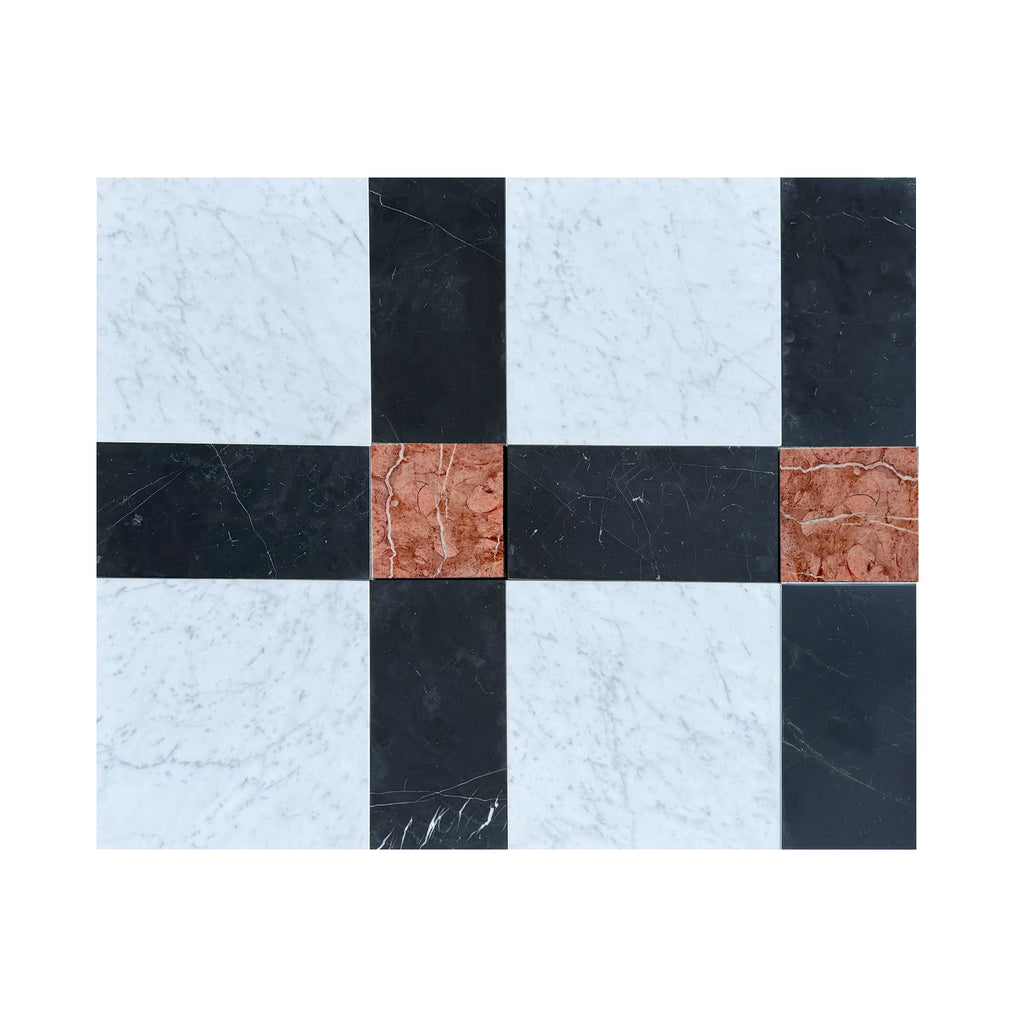 Marble tile pattern of Castello in Nero Marquina and Carrara White collections