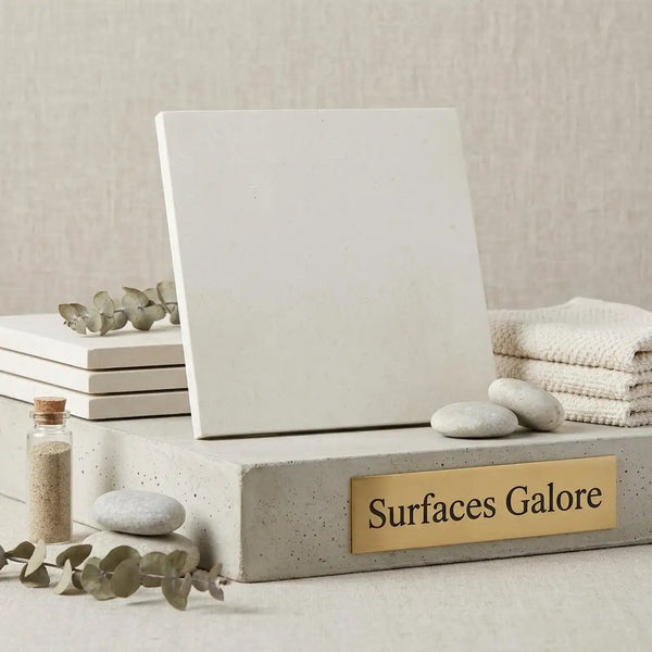 A sleek off-white champagne ceramic tile with smooth matte finish and clean edges 12x12 limestone honed by Lymra