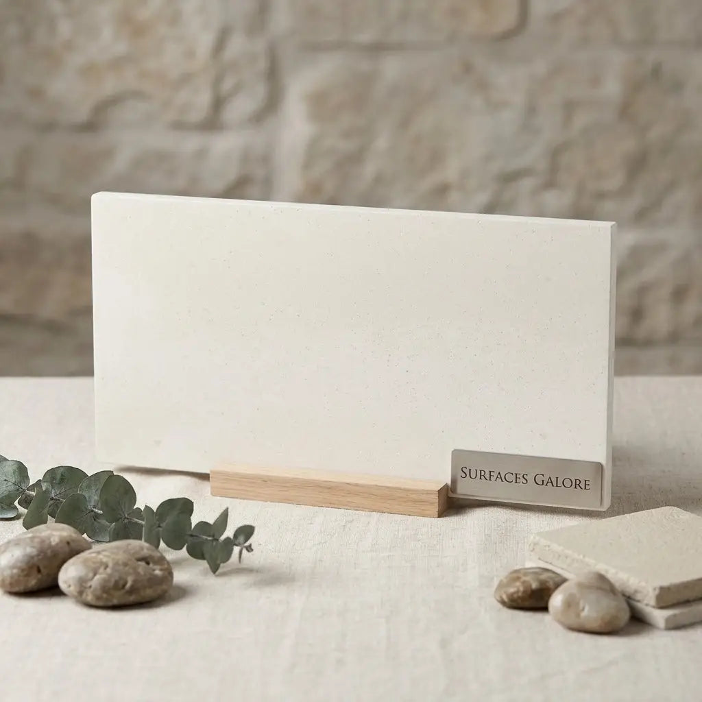 Cream-colored rectangular limestone honed surface sample in champagne lymra 12x24 size for flooring or wall use
