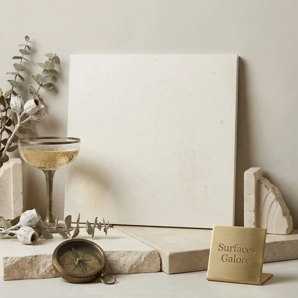 A minimalist white champagne limestone honed lymra 18x18 canvas leaning against a neutral wall with stone and metal accents