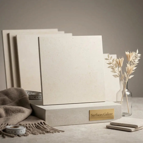 Cream-colored textured concrete Champagne Lymra 24x24 limestone honed tile sample on matching pedestal with gold plaque