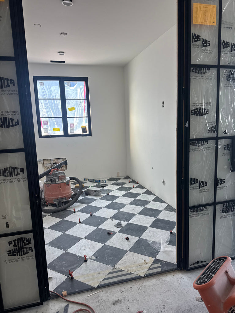 Glossy black and white checkered Bardiglio and Bianco Carrara marble 12x12 tile