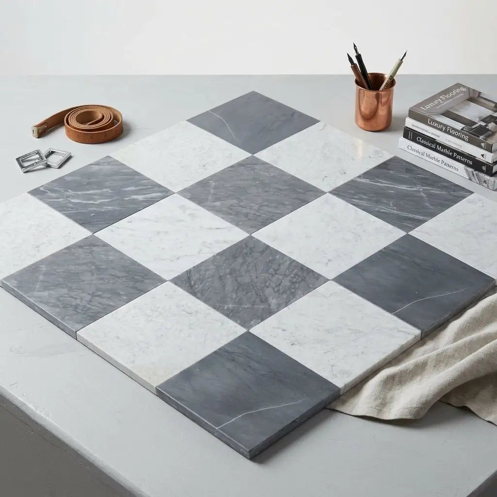 Checkerboard bardiglio and bianco carrara marble 12x12 tiles arranged in a classic gray and white checkerboard pattern