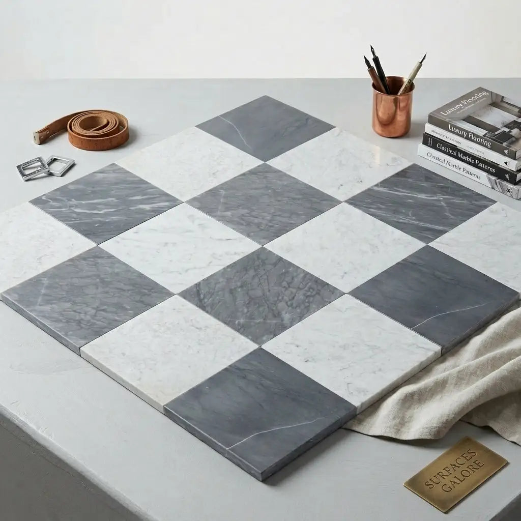 Checkerboard bardiglio and bianco carrara marble 12x12 set with gray and white marble tiles in classic checkerboard pattern