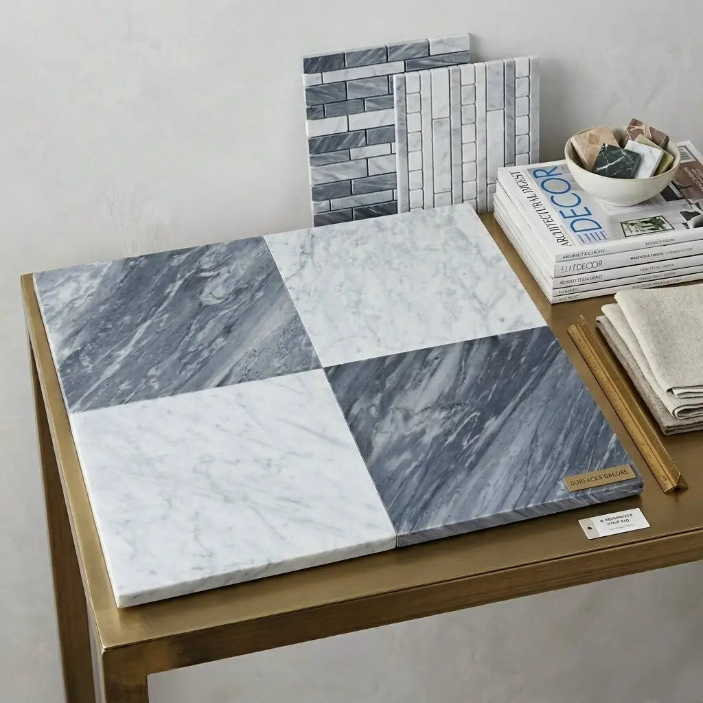 Gray and white checkerboard bardiglio and bianco carrara marble tile samples arranged on a gold-framed display board